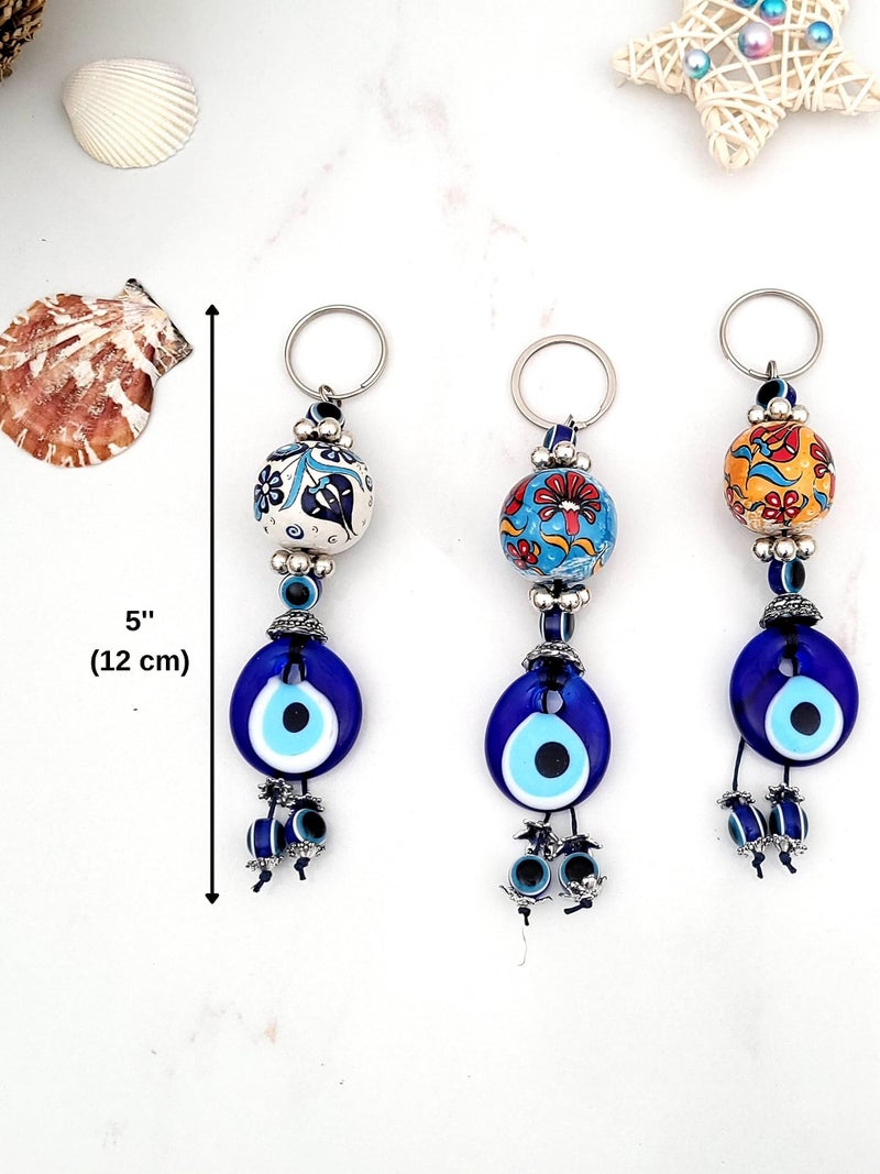 Erbulus Turkish Blue Evil Eye Keychain with Flower Patterned Ceramic Ball - Gift for Men or Women Set of 3 (Ceramic) - Image 2